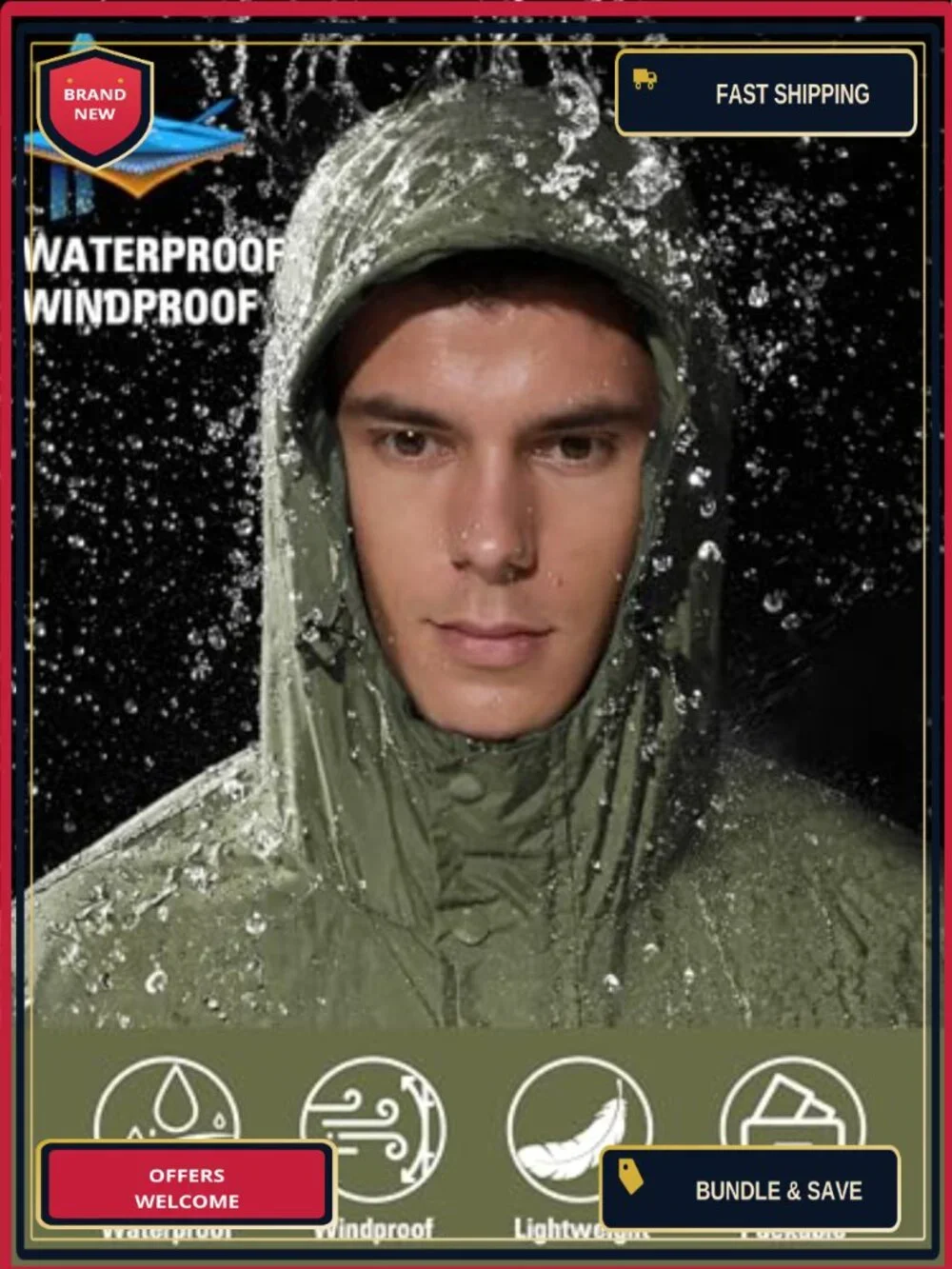 UIQUR Men's Lightweight Packable Waterproof Rain Jacket Windbreaker